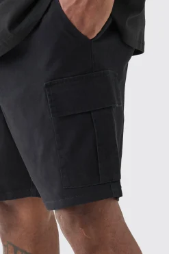 Plus Elasticated Waist Black Slim Fit Cargo Shorts | BoohooMAN UK
