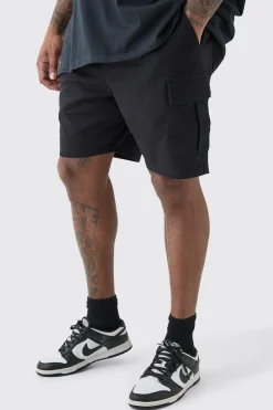 Plus Elasticated Waist Black Skinny Fit Cargo Shorts | BoohooMAN UK