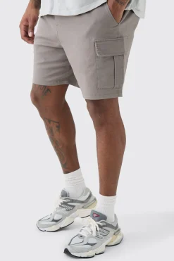 Plus Elasticated Waist Grey Slim Fit Cargo Shorts | BoohooMAN UK