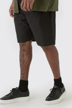 Plus Elasticated Waist Linen Comfort Shorts In Black | BoohooMAN UK