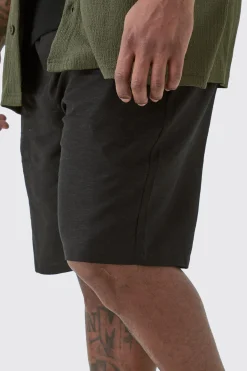 Plus Elasticated Waist Linen Comfort Shorts In Black | BoohooMAN UK