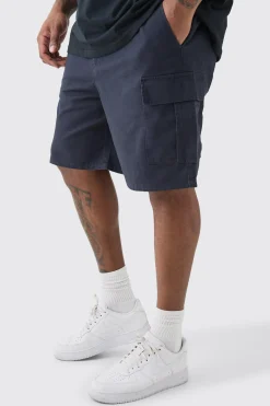 Plus Elasticated Waist Navy Relaxed Fit Cargo Shorts | BoohooMAN UK
