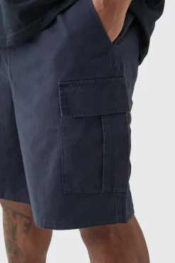Plus Elasticated Waist Navy Relaxed Fit Cargo Shorts | BoohooMAN UK