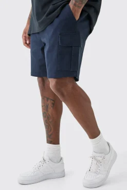 Plus Elasticated Waist Navy Slim Fit Cargo Shorts | BoohooMAN UK