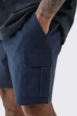 Plus Elasticated Waist Navy Slim Fit Cargo Shorts | BoohooMAN UK