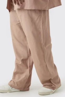 Plus Elasticated Waist Relaxed Linen Trouser In Taupe | BoohooMAN UK