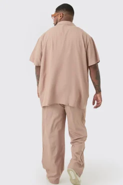 Plus Elasticated Waist Relaxed Linen Trouser In Taupe | BoohooMAN UK