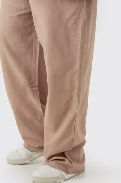 Plus Elasticated Waist Relaxed Linen Trouser In Taupe | BoohooMAN UK