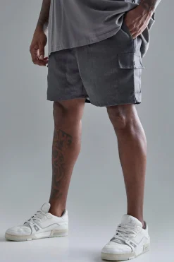 Plus Elasticated Waist Textured Cargo Short In Charcoal | BoohooMAN UK