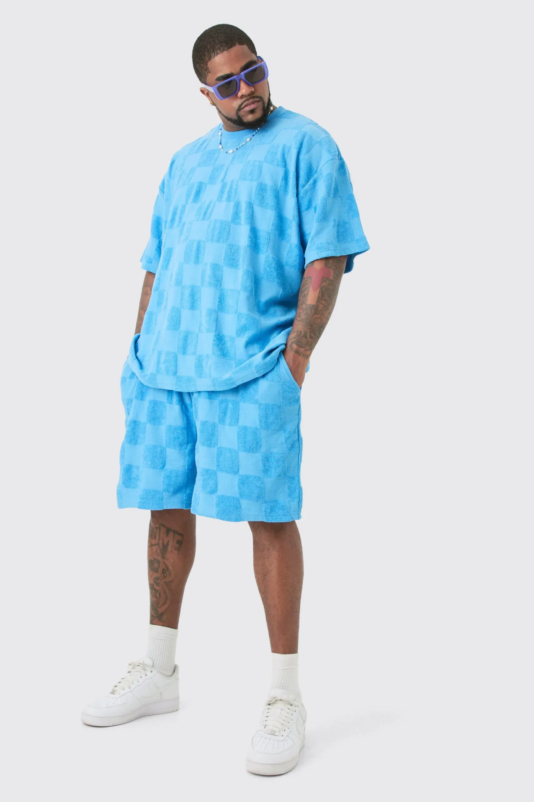 Plus Embossed Checkered Towelling T-shirt & Short Set Blue | BoohooMAN UK