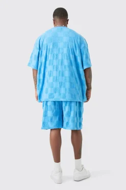 Plus Embossed Checkered Towelling T-shirt & Short Set Blue | BoohooMAN UK