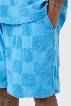 Plus Embossed Checkered Towelling T-shirt & Short Set Blue | BoohooMAN UK