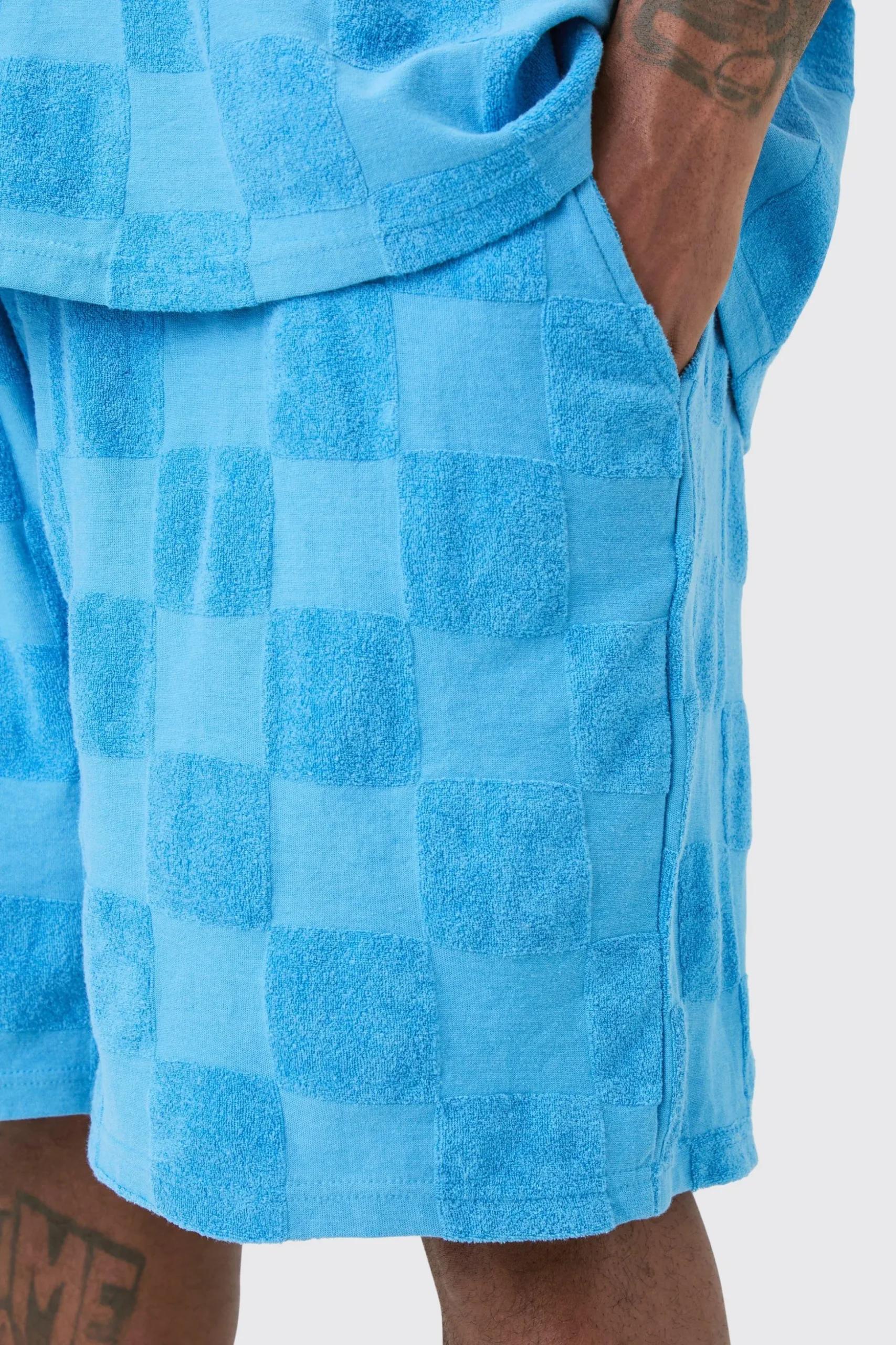 Plus Embossed Checkered Towelling T-shirt & Short Set Blue | BoohooMAN UK