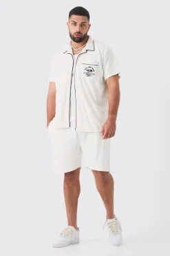 Plus Embroidered Towelling Shirt & Short Set In White | BoohooMAN UK