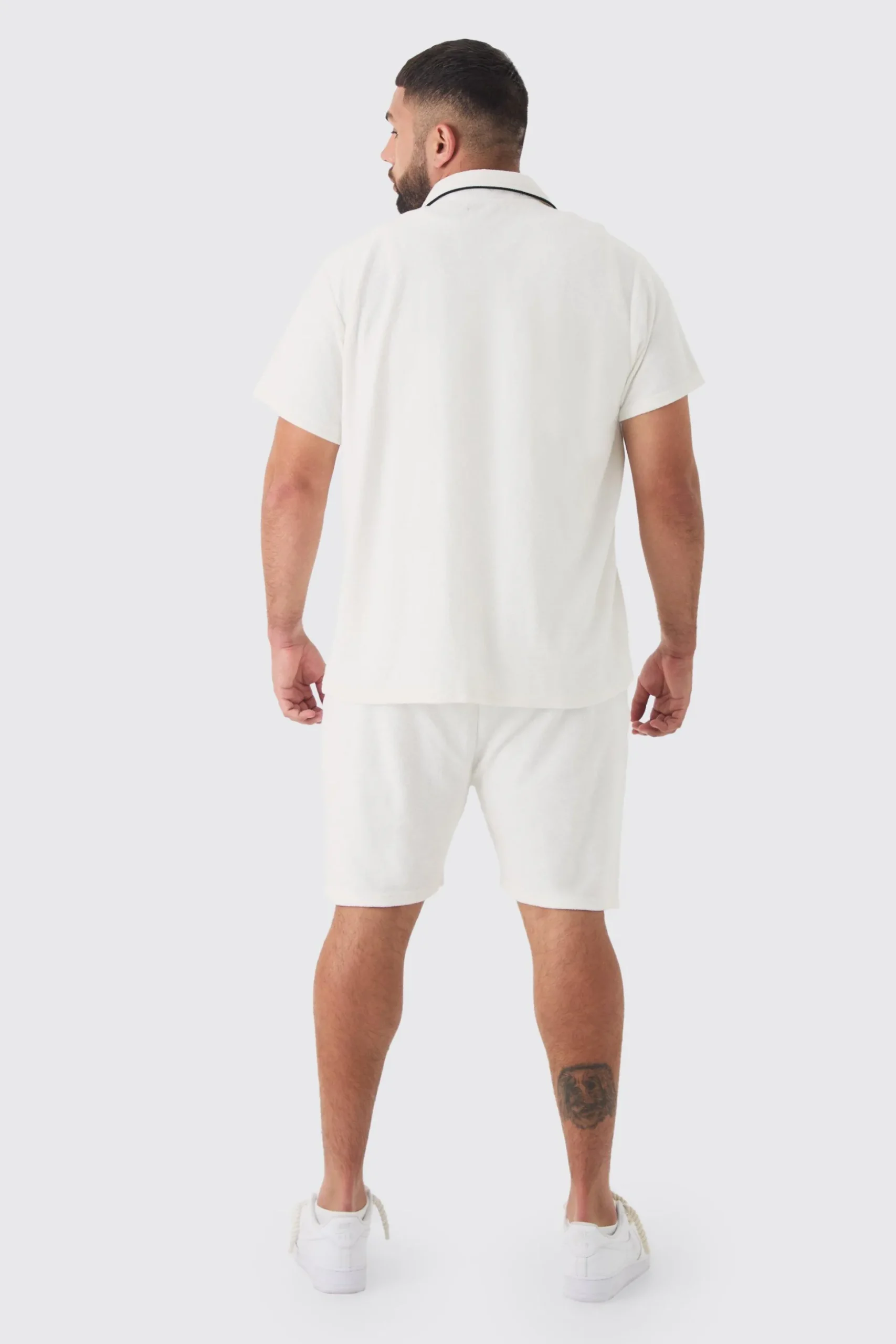 Plus Embroidered Towelling Shirt & Short Set In White | BoohooMAN UK