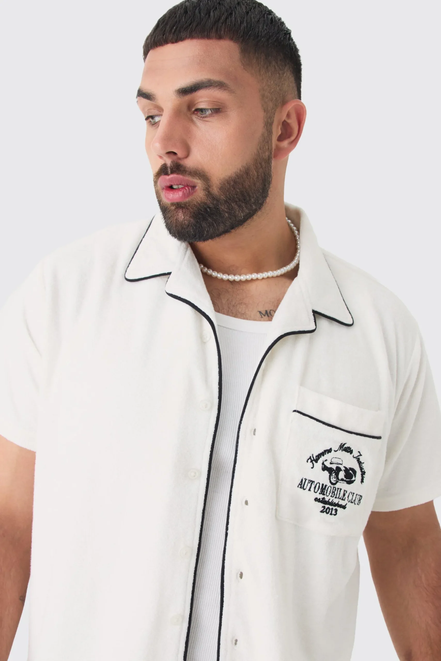 Plus Embroidered Towelling Shirt & Short Set In White | BoohooMAN UK