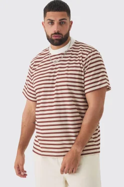 Plus Extended Neck Stripe T-shirt | BoohooMAN UK