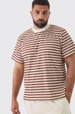 Plus Extended Neck Stripe T-shirt | BoohooMAN UK