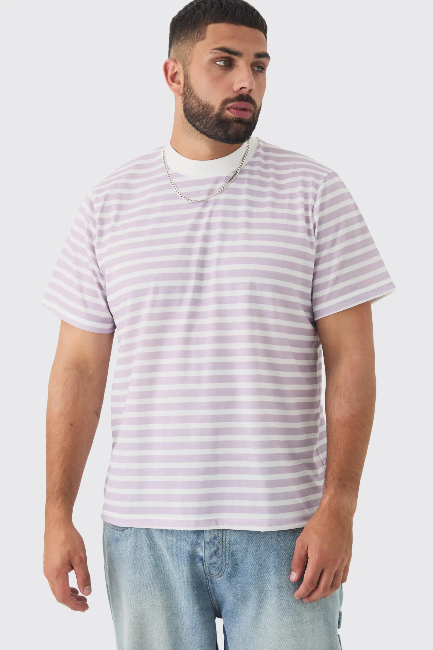 Plus Extended Neck Stripe T-shirt | BoohooMAN UK