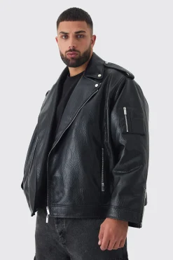 Plus Extreme Oversized Textured PU Biker Jacket In Black | BoohooMAN UK