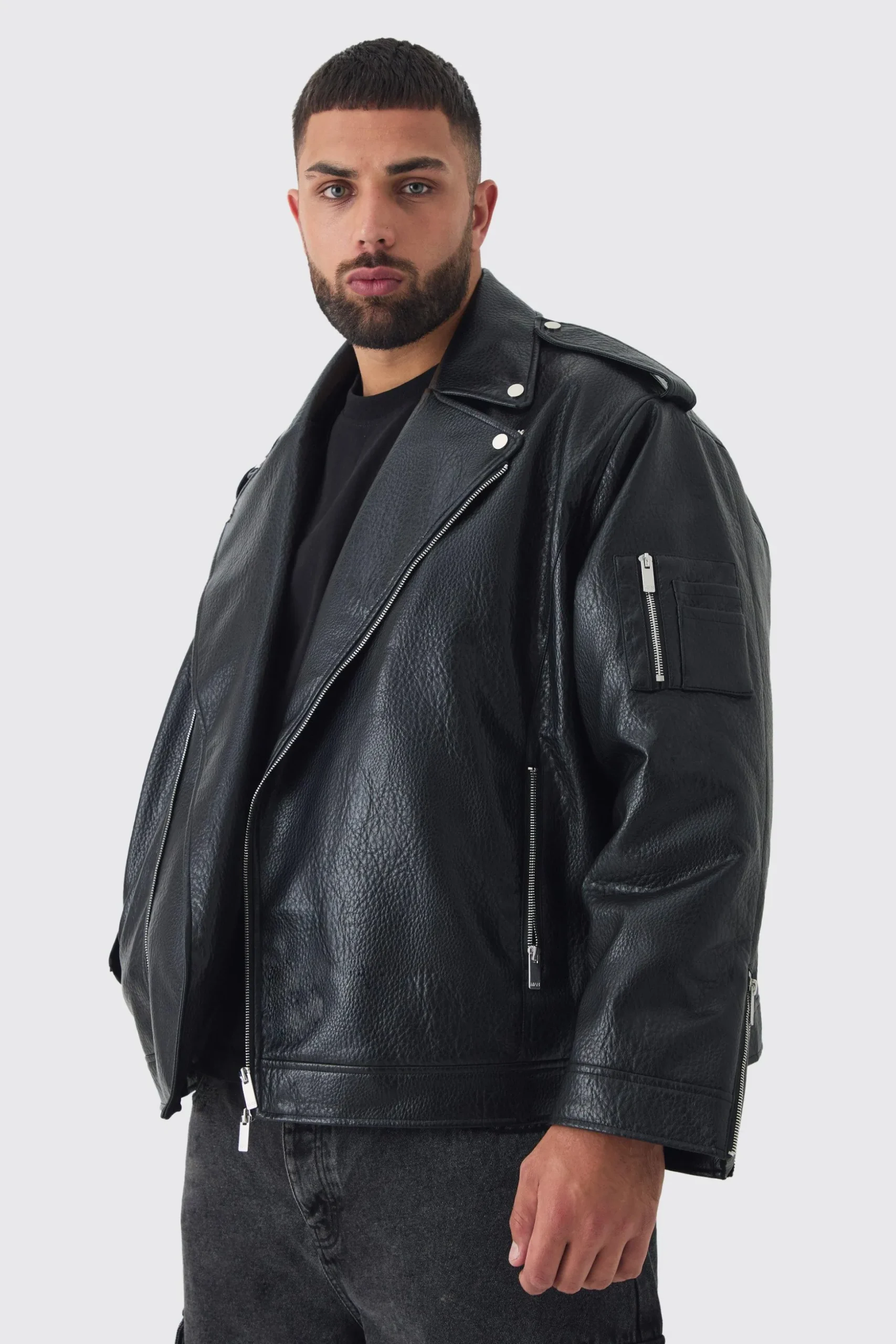 Plus Extreme Oversized Textured PU Biker Jacket In Black | BoohooMAN UK