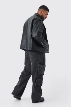 Plus Extreme Oversized Textured PU Biker Jacket In Black | BoohooMAN UK