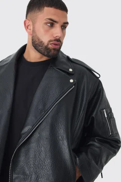 Plus Extreme Oversized Textured PU Biker Jacket In Black | BoohooMAN UK