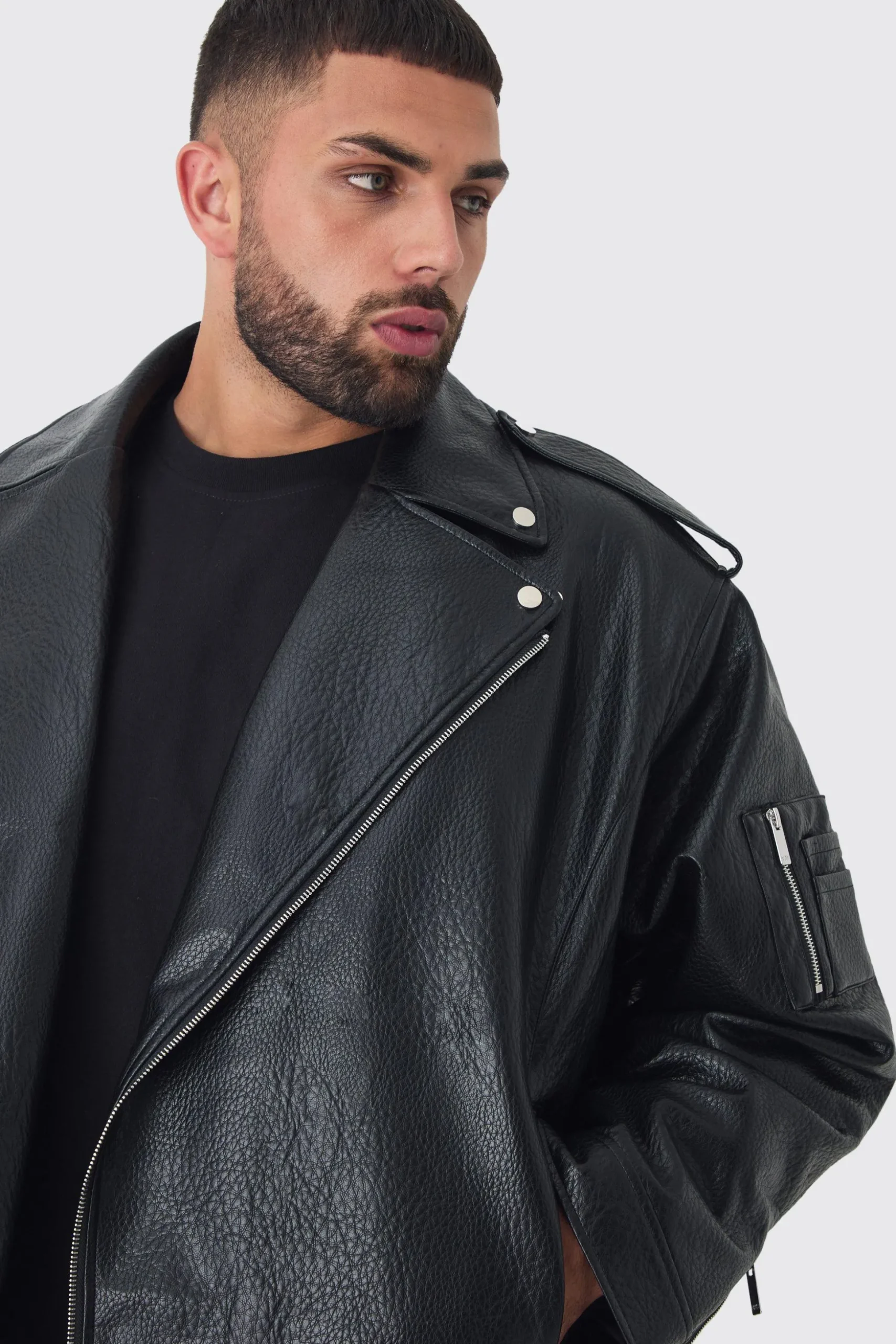 Plus Extreme Oversized Textured PU Biker Jacket In Black | BoohooMAN UK
