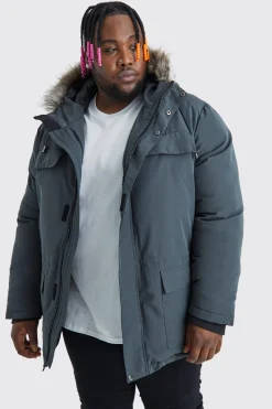 Plus Faux Fur Hooded Arctic Parka Jacket In Charcoal | BoohooMAN UK