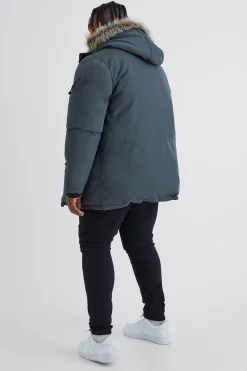 Plus Faux Fur Hooded Arctic Parka Jacket In Charcoal | BoohooMAN UK