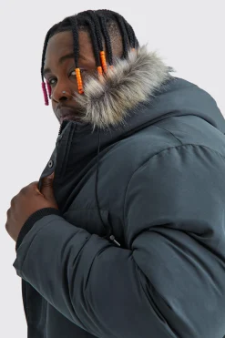 Plus Faux Fur Hooded Arctic Parka Jacket In Charcoal | BoohooMAN UK