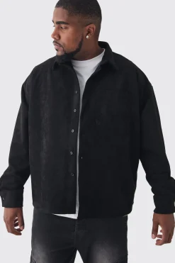 Plus Faux Suede Button Through Overshirt | BoohooMAN UK