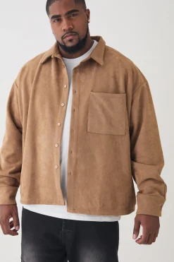 Plus Faux Suede Button Through Overshirt | BoohooMAN UK