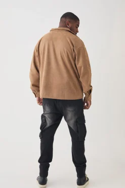 Plus Faux Suede Button Through Overshirt | BoohooMAN UK