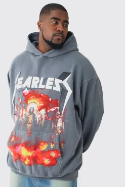 Plus Fearless Print Oversized Washed Hoodie In Black | BoohooMAN UK