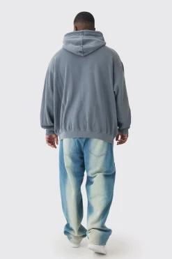 Plus Fearless Print Oversized Washed Hoodie In Black | BoohooMAN UK