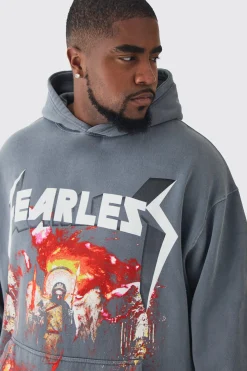 Plus Fearless Print Oversized Washed Hoodie In Black | BoohooMAN UK