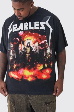 Plus Fearless Print Oversized Washed T-shirt In Charcoal | BoohooMAN UK
