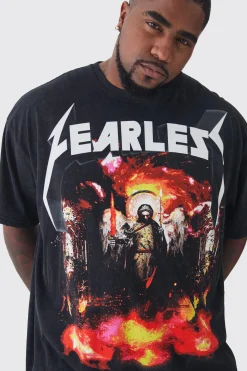 Plus Fearless Print Oversized Washed T-shirt In Charcoal | BoohooMAN UK