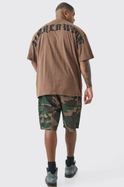 Plus Fixed Waist Camo Twill Cargo Short | BoohooMAN UK