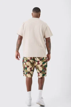 Plus Fixed Waist Camo Twill Cargo Short | BoohooMAN UK