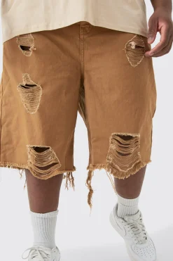 Plus Fixed Waist Distressed Twill Jort | BoohooMAN UK