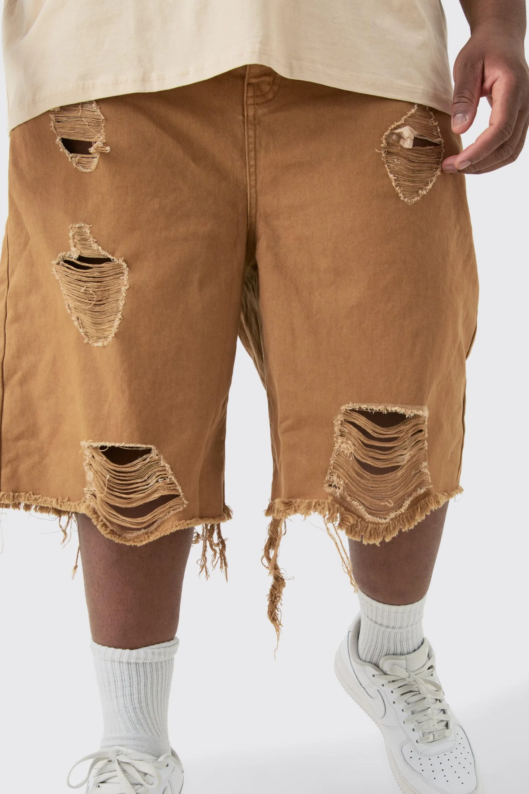 Plus Fixed Waist Distressed Twill Jort | BoohooMAN UK
