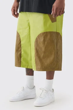 Plus Fixed Waist PU Colour Block Jort | BoohooMAN UK