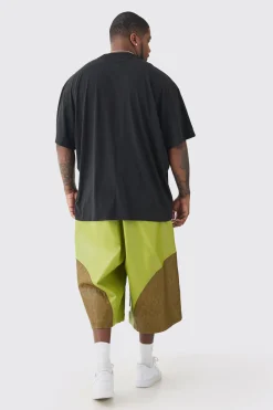 Plus Fixed Waist PU Colour Block Jort | BoohooMAN UK