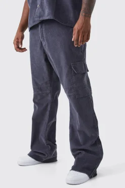Plus Fixed Waist Slim Flare Zip Gusset Cord Cargo Trouser | BoohooMAN UK