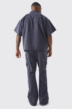 Plus Fixed Waist Slim Flare Zip Gusset Cord Cargo Trouser | BoohooMAN UK