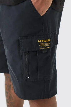 Plus Fixed Waist Twill Relaxed Cargo Zip Detail Tab Short | BoohooMAN UK