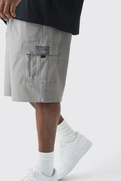 Plus Fixed Waist Twill Relaxed Cargo Zip Detail Tab Short | BoohooMAN UK
