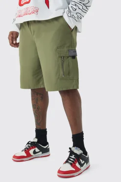 Plus Fixed Waist Twill Relaxed Cargo Zip Detail Tab Short | BoohooMAN UK